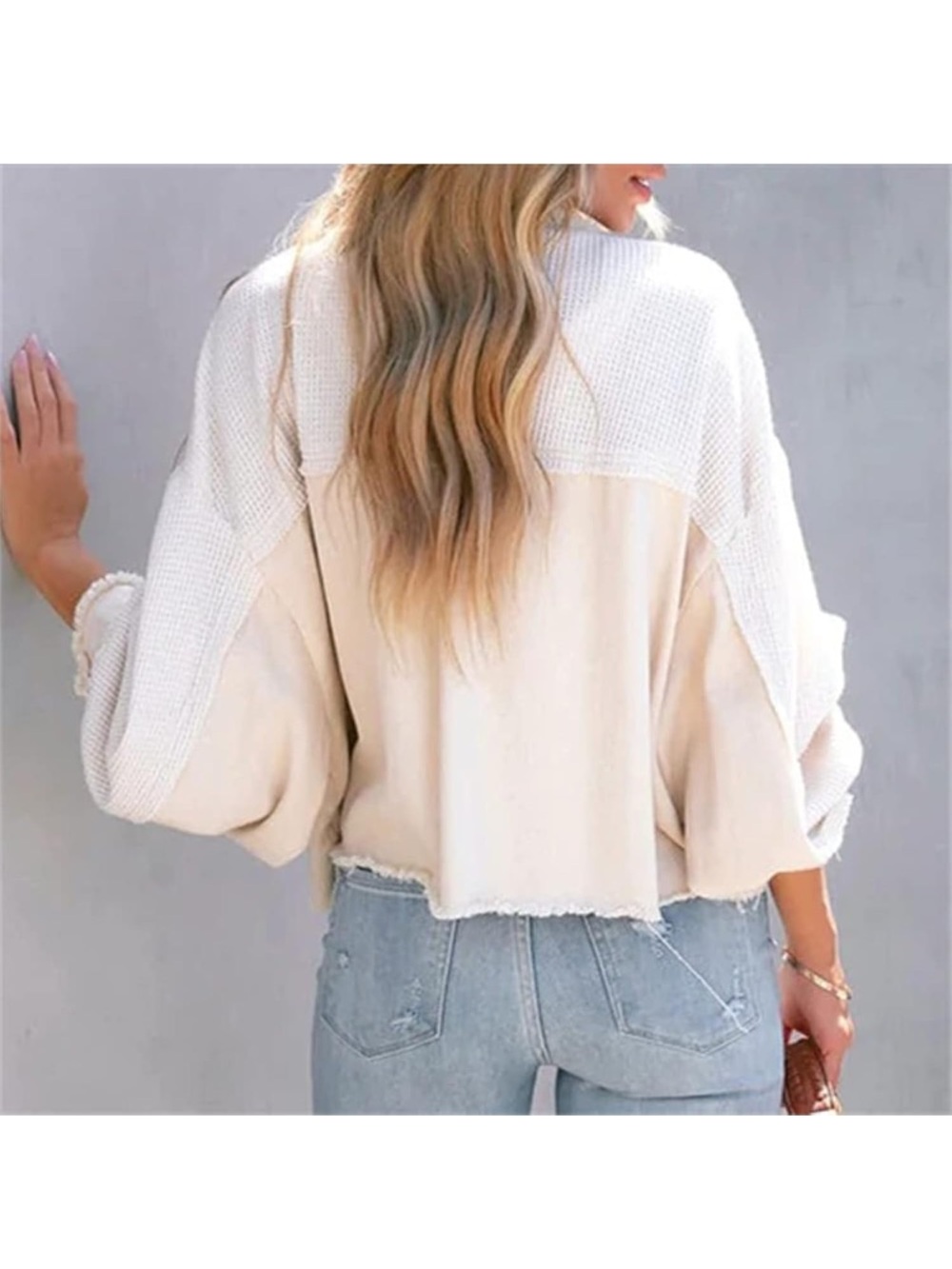 POL Pieced Denim Knit Balloon Sleeve Button Down Shirt Jean Jacket Patchwork - Picture 2 of 10